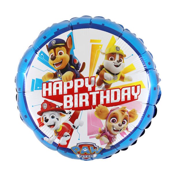 Folieballon Paw Patrol rund bl, Happy Birthday 46 cm